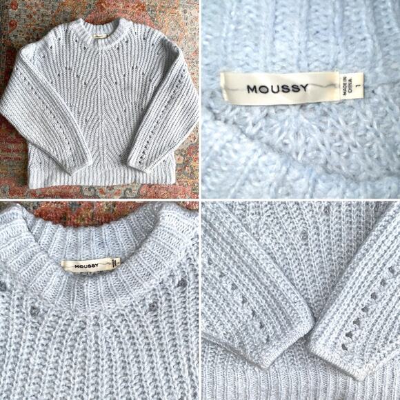 MOUSSY $320 Pale Blue Eyelet Volume Sleeve Sweater sz 1 (Small) EUC - Picture 1 of 15